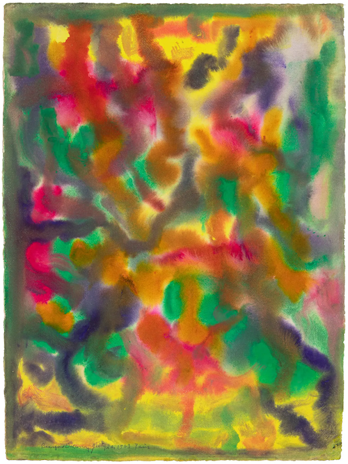 An abstract painting features a vibrant explosion of colors. Hues of yellow, green, orange, red, and purple are blended together in fluid, swirling strokes, creating a sense of movement and energy. The colors appear to bleed into one another, with some areas more saturated and defined than others, giving the impression of a dreamlike or ethereal landscape [gen AI description].