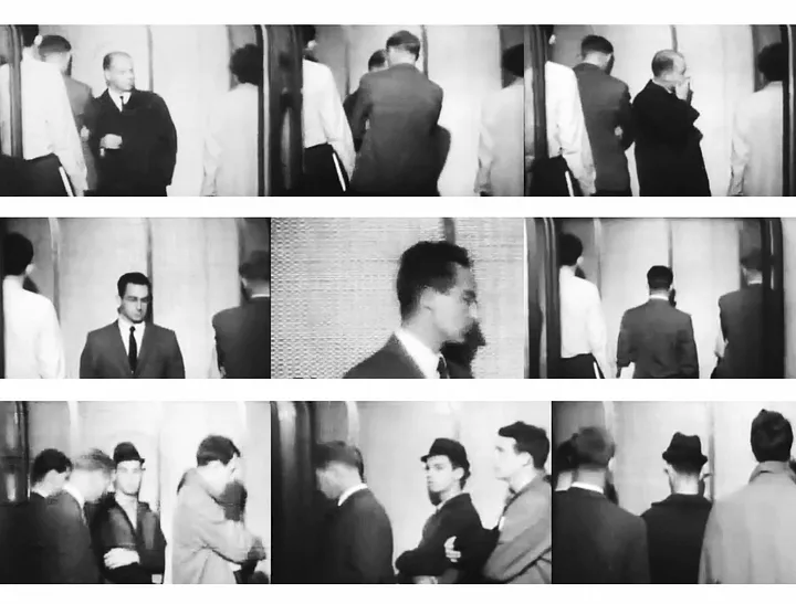 A three-row grid of nine black and white film stills from an episode of "Candid Camera." Each still shows people in what appears to be an elevator or doorway, reacting to an unseen situation [gen AI description].